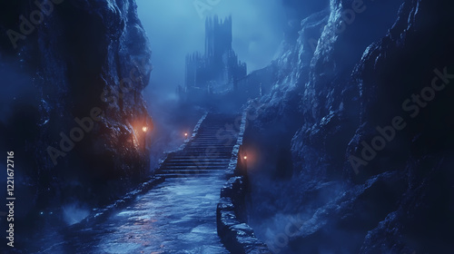 Mysterious path to the cursed castle in a dark fantasy world. Obsidian Path. Illustration