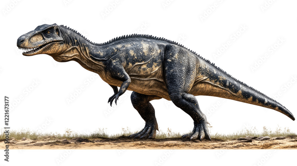 Giganotosaurus: Majestic Profile: A detailed illustration of a Giganotosaurus, a colossal carnivorous dinosaur, standing majestically against a muted earth-toned backdrop. Giganotosaurus: Majestic Profile: A detailed illustration of a Giganotosaurus, a colossal carnivorous dinosaur, standing majestically against a muted earth-toned backdrop.