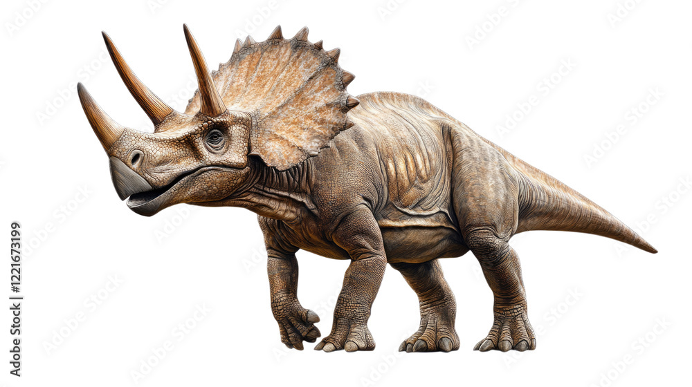 Fototapeta premium Majestic Triceratops: A detailed depiction of a Triceratops dinosaur, showcasing its three horns, large frill, and powerful build. The creature is presented against a clean background.