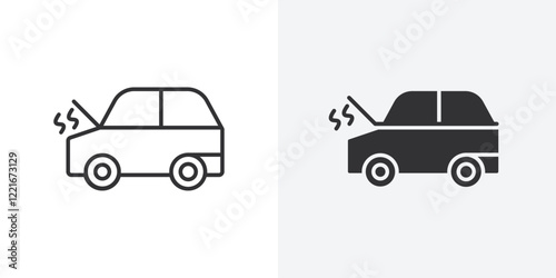 Broken car with open hood icon Outline vector sign