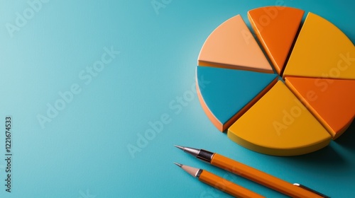 A colorful pie chart and two orange pencils on a teal background, symbolizing data analysis.