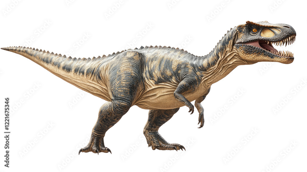 Obraz premium Majestic Tyrannosaurus Rex: A detailed illustration of a Tyrannosaurus Rex, showcasing its powerful physique, sharp teeth, and imposing presence. The dinosaur is depicted in a dynamic pose.