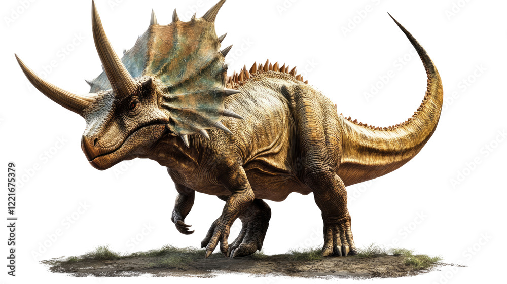 Fototapeta premium A Triceratops in its Prime: A majestic Triceratops dinosaur, a herbivore known for its three horns and bony frill, stands majestically with a powerful presence.
