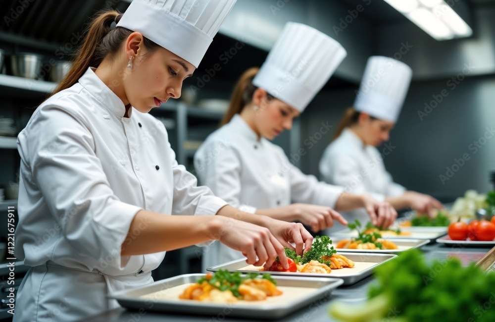 Three culinary students wear white chef uniforms. Preparing dishes on stainless steel surfaces in kitchen. Fresh ingredients, utensils visible. One student observes others. Pro training environment. Three culinary students wear white chef uniforms. Preparing dishes on stainless steel surfaces in kitchen. Fresh ingredients, utensils visible. One student observes others. Pro training environment.