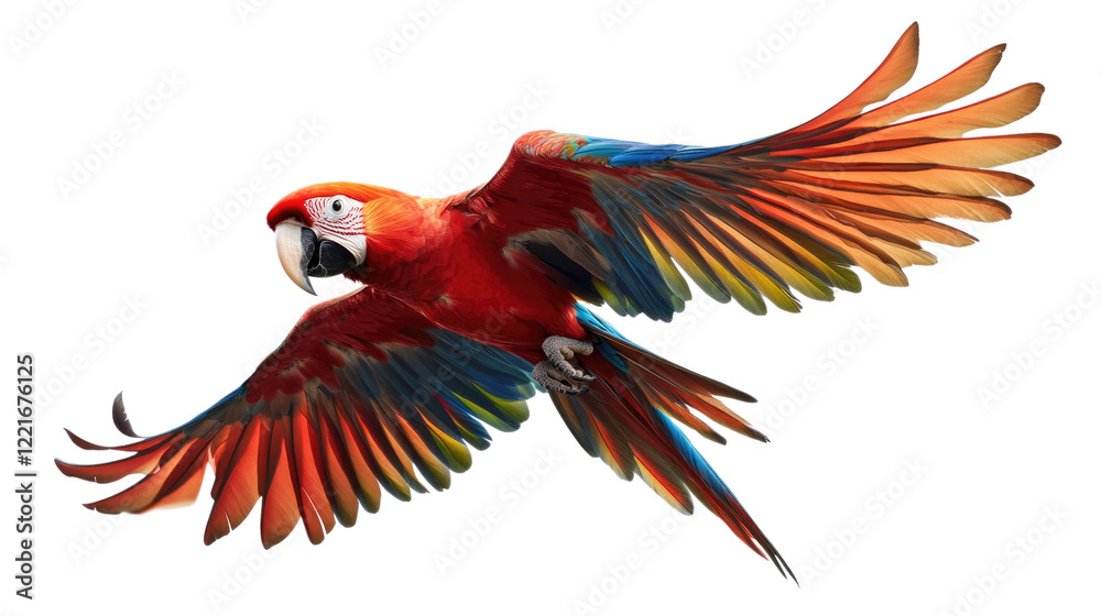 Fototapeta premium Scarlet Macaw in Flight: A vibrant scarlet macaw with outstretched wings, showcasing its brilliant red, blue, and yellow plumage, takes flight against a clean background.