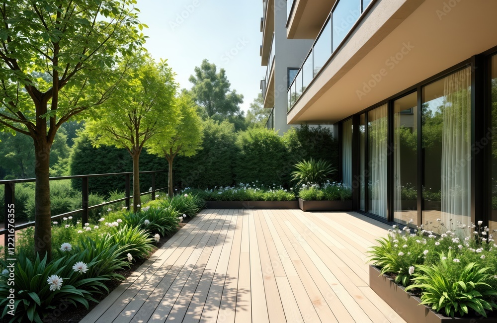 Naklejka premium Modern terrace garden design with potted plants, trees. Stylish wooden decking with planters. Home decor ideas. Exterior design. Apartment building background. Relaxing outdoor space. Planting on