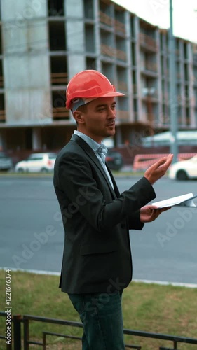 4k. UltraHD. Unhappy customers discontent of constructor architect worker with helmet in suit and outdoors on new house building. in real state business bankrupt and housing industry concept. Teal and