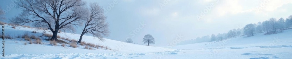 Icy landscape with bare trees and snowy hills, cold, winter, landscape Icy landscape with bare trees and snowy hills, cold, winter, landscape
