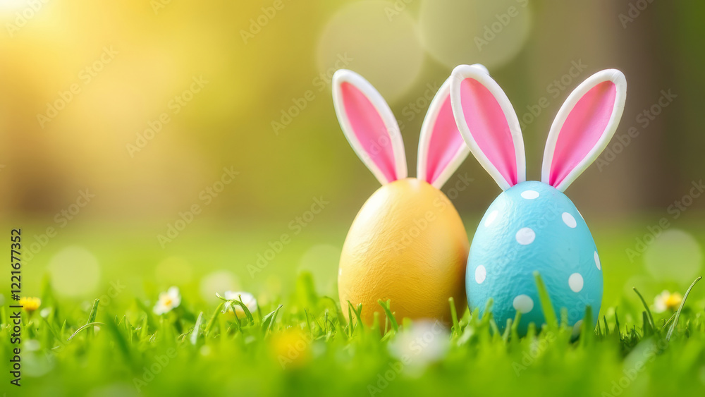 Obraz premium Two Easter Eggs in Pastel Colors with Rabbit Ears on the Lawn, Sunny Day, Copy Space
