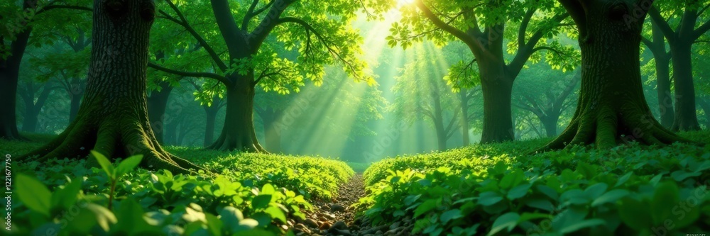Obraz premium A leafy green forest with trees and undergrowth , plants, forest, nature