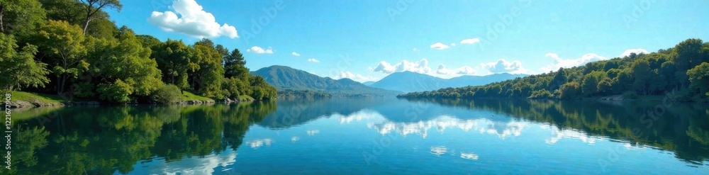 A serene lake reflects the blue sky and trees, natural world, lake A serene lake reflects the blue sky and trees, natural world, lake