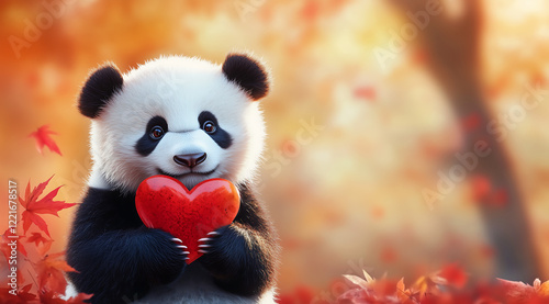 Valentine's day concept of Charming panda bear holding a red heart in its paws against a warm autumn forest background, symbolizing love, kindness, and joy