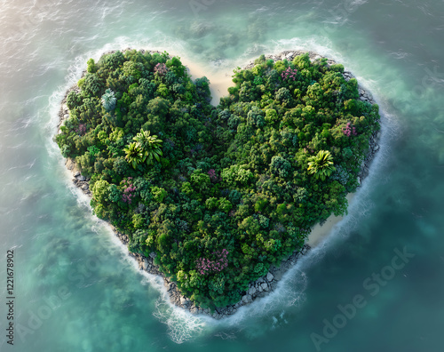 Valentine's day concept of Aerial view of a heart-shaped tropical island surrounded by turquoise ocean waters, symbolizing romance, escape, and paradise