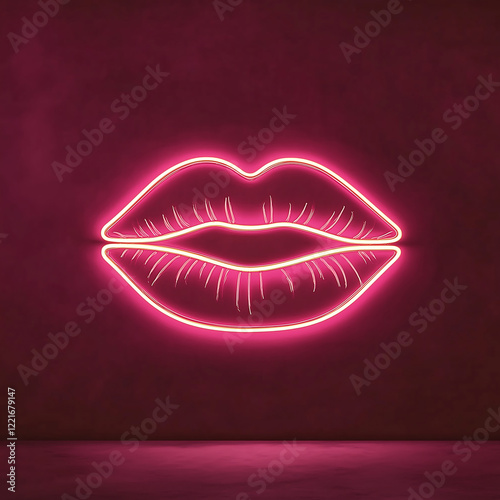 Valentine's day concept of Glowing pink neon lips light on a dark wall, creating a romantic and modern aesthetic for Valentine’s Day or love-themed designs