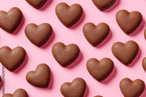 Flat lay of chocolate heart-shaped cookies arranged in a grid pattern on a pastel pink background, ideal for Valentine’s Day or sweet treats