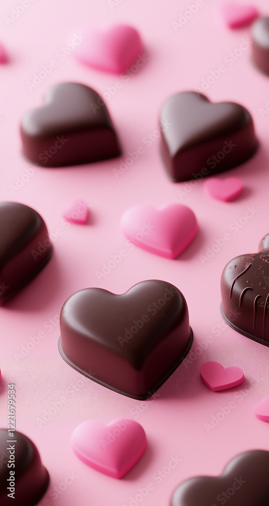 Fototapeta premium Heart-shaped chocolates and pink candies arranged on a pastel pink background, perfect for Valentine’s Day themes and sweet designs