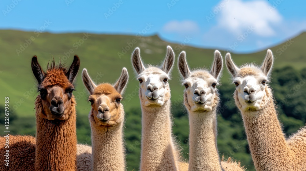 Obraz premium A group of five llamas standing together in a lush green landscape.