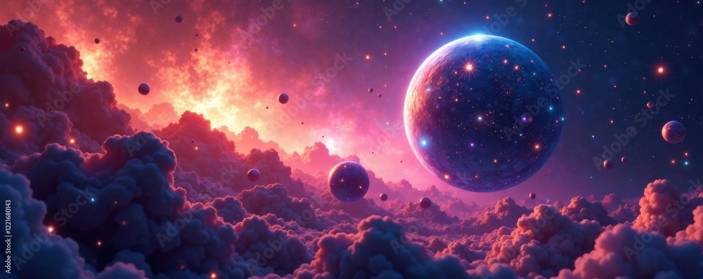Fototapeta premium Celestial bodies float in shimmering aura , glowing, orb, cosmic
