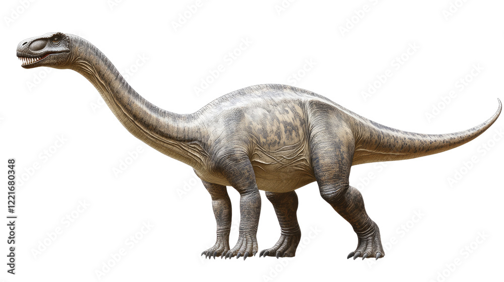 Obraz premium Mamenchisaurus Profile: A majestic Mamenchisaurus, a long-necked sauropod dinosaur, stands in profile view against a neutral background. Its impressive size and intricate details are showcased. 