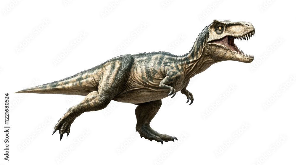 Obraz premium Tyrannosaurus Rex: A powerful Tyrannosaurus Rex, a fearsome apex predator of the prehistoric era, strides across the scene, jaws agape in a dynamic pose.