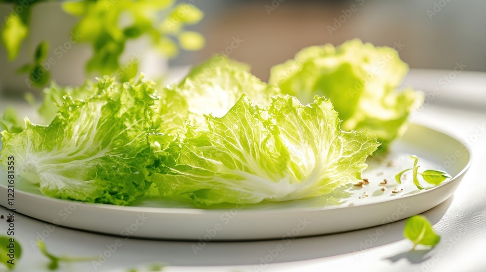 Fresh lettuce leaves plate sunlight kitchen healthy Fresh lettuce leaves plate sunlight kitchen healthy