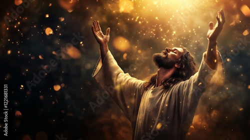 The Christ raises his arms towards a radiant light. The background glimmers with golden particles, creating a powerful sense of reverence and divine connection.