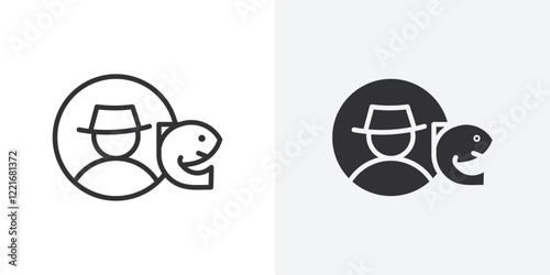 Fisherman with fish icon Outline vector sign