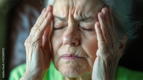 concerned elderly woman in soft home lighting holding temples in pain sitting in comfortable armchair muted colors and sympathetic composition photo