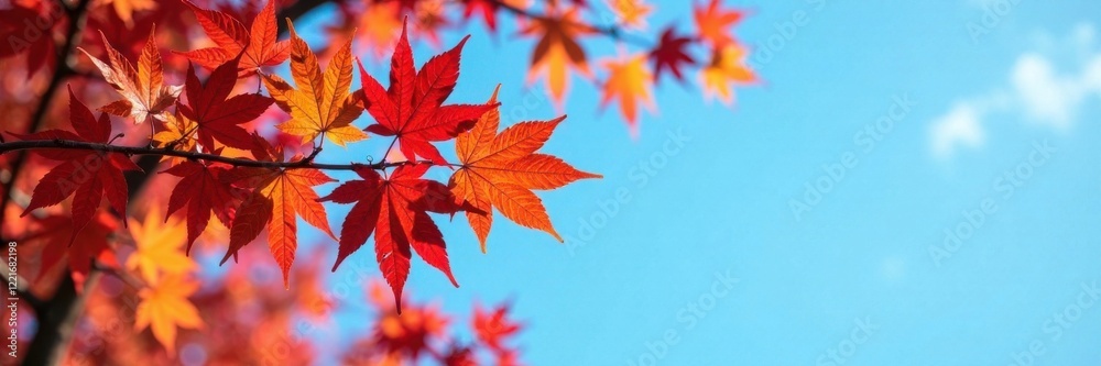 Colorful autumn branches with red and brown leaves against a blue sky , color, branch, blue Colorful autumn branches with red and brown leaves against a blue sky , color, branch, blue