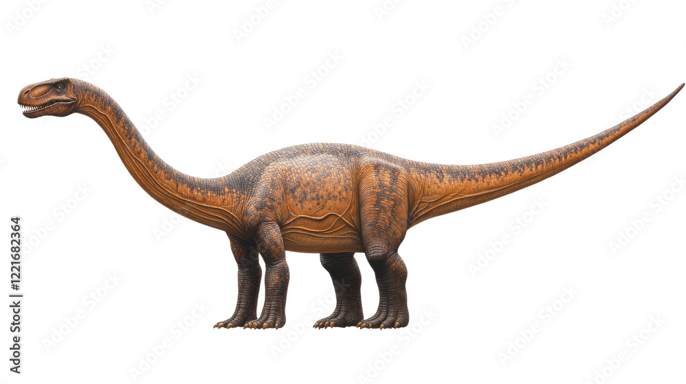 Fototapeta premium Giant Sauropod Dinosaur: A majestic sauropod dinosaur, a colossal herbivore from the Mesozoic Era, stands majestically against a pure background, showcasing its immense size and intricate details.