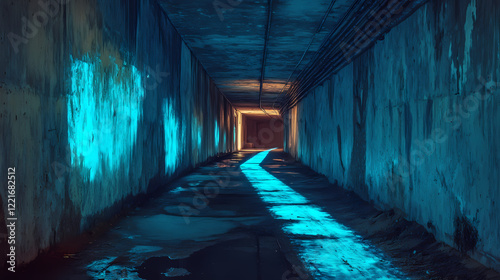 Bioluminescent cave discovery, glimmering blue streaks enhance the concrete walls, tracing the path of a hidden underground track. Obsidian Path. Illustration