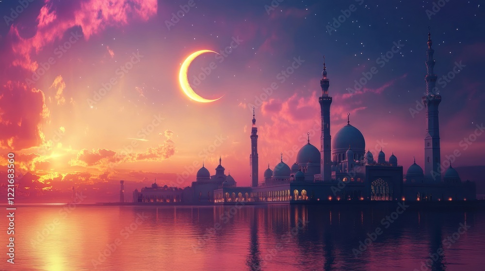 Obraz premium Serene sunset over a mosque with crescent moon.