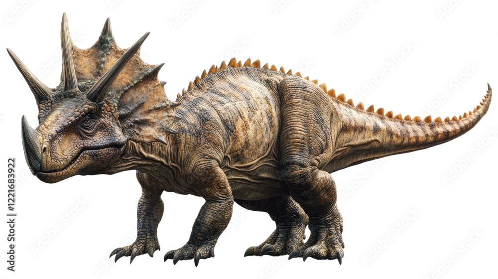 Obraz premium A Majestic Styracosaurus: A captivating portrait of a Styracosaurus, an iconic horned dinosaur from the Late Cretaceous period, showcasing its formidable horns, frill, and textured scales.