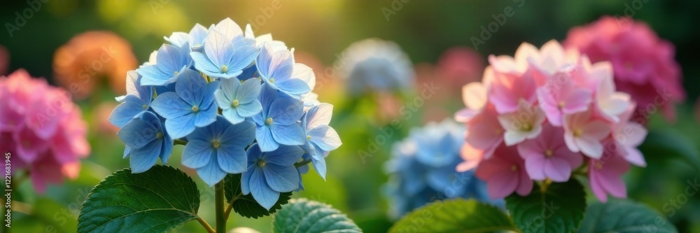 Delicate blooming hydrangea in a garden setting with various colorful flowers , flowers, blossoms Delicate blooming hydrangea in a garden setting with various colorful flowers , flowers, blossoms