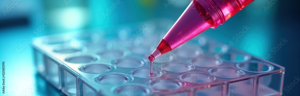 Lab tech uses pipette to add liquid sample to PCR plate. Precise liquid transfer in scientific lab setting. Modern DNA amplification procedure. Close-up lab tool. Clear plastic plate. Pink pipette