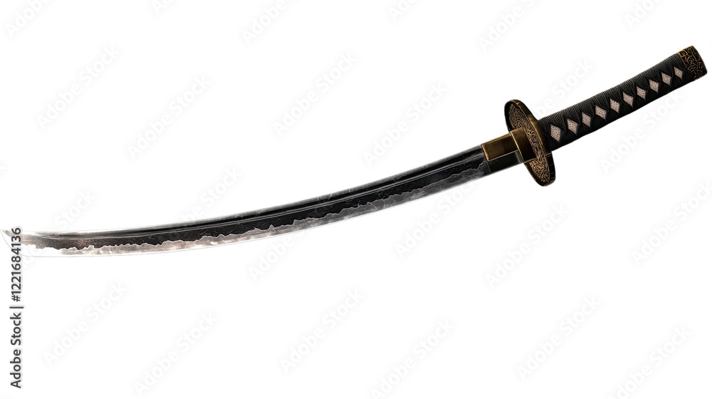 Katana: A sharp, curved katana sword with a black scabbard and intricate details, isolated against a clean background. The blade shows a subtle, textured finish. Katana: A sharp, curved katana sword with a black scabbard and intricate details, isolated against a clean background. The blade shows a subtle, textured finish.