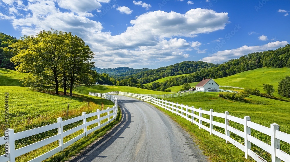 Winding road, white fence, green hills, farmhouse, sunny day, pastoral landscape, scenic drive, travel Winding road, white fence, green hills, farmhouse, sunny day, pastoral landscape, scenic drive, travel