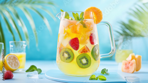 a vibrant tropical fruit punch served in a large pitcher with fresh fruits.