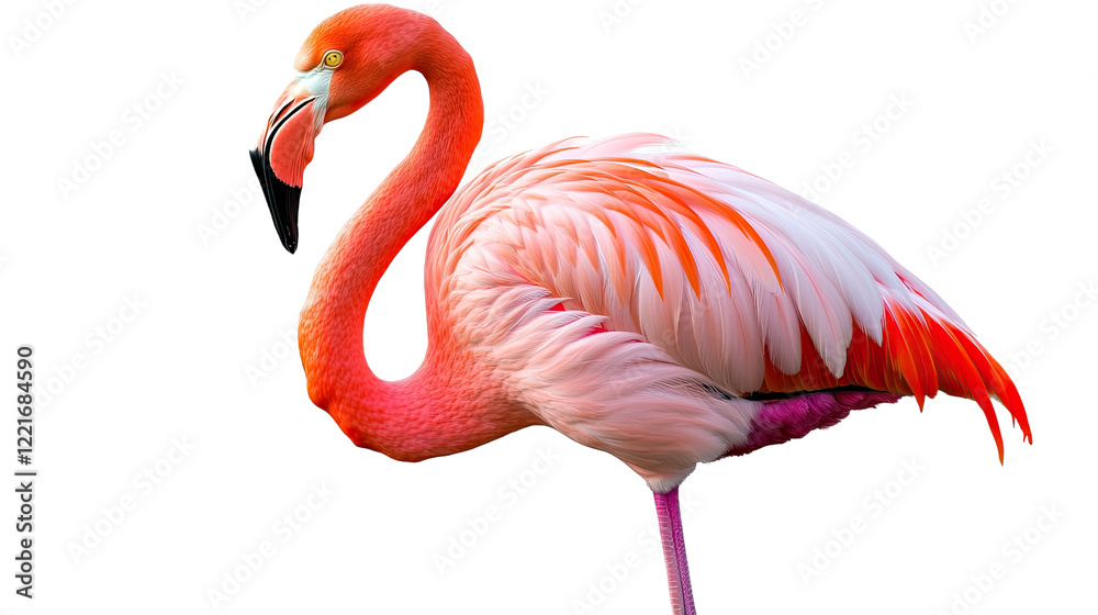 Obraz premium American Flamingo Portrait: A vibrant American flamingo, showcasing its iconic pink and orange plumage, stands gracefully on one leg against a clean background.
