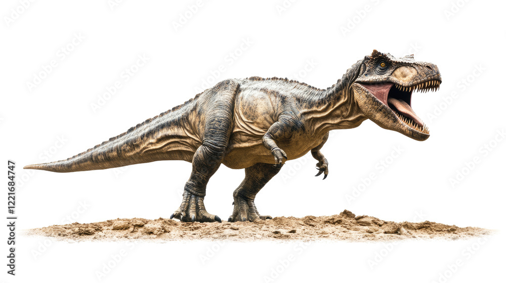 Fototapeta premium Tyrannosaurus Rex: A formidable Tyrannosaurus Rex dinosaur, its mouth agape in a terrifying roar, stands poised on a rocky terrain, showcasing its immense size and predatory power. 