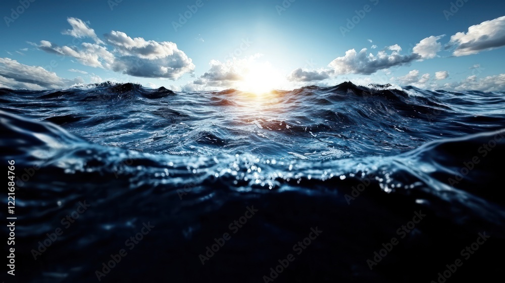 Fototapeta premium A serene ocean view at sunset with waves reflecting light and clouds above.