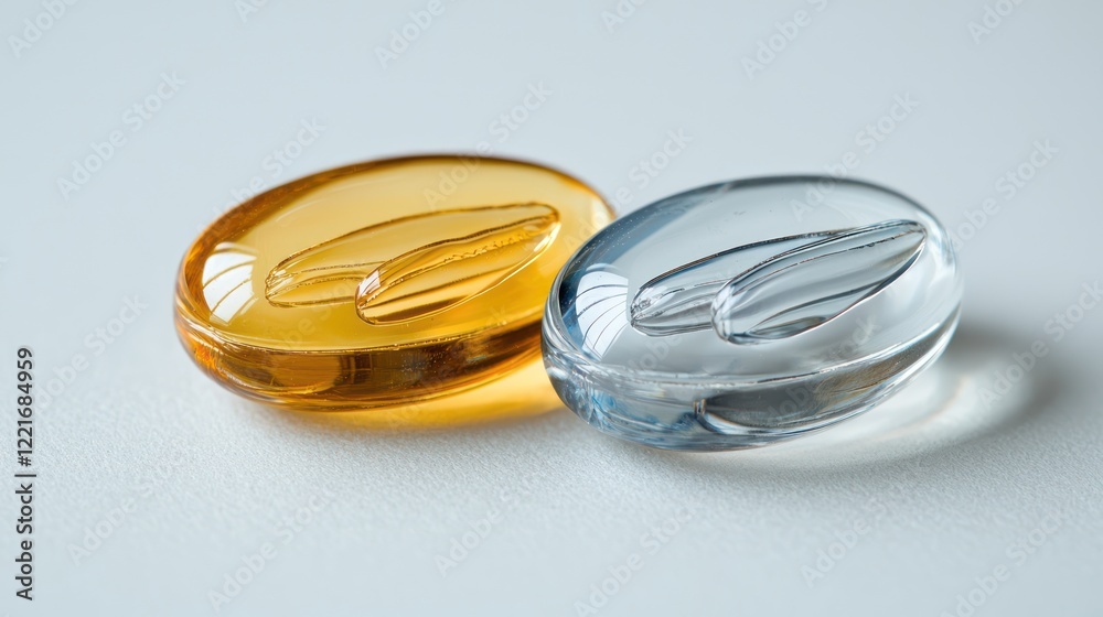 Two gel capsules, one amber and one clear, placed on a light surface. Two gel capsules, one amber and one clear, placed on a light surface.