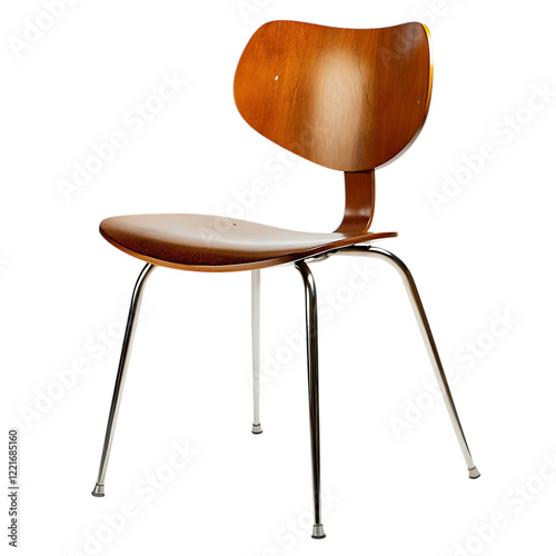 PNG Mid-Century Modern Wooden Chair with Chrome Legs Against Transparent Background photo