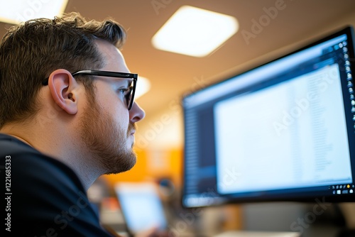 A focused professional working on a computer with programming code on the screen. The individual is engaged in software development, showcasing a modern office environment. photo