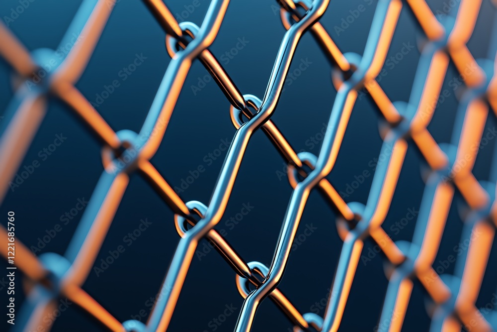 Fototapeta premium A close-up view of a chain-link fence featuring intricate details and a play of light, representing strength and security in industrial settings.