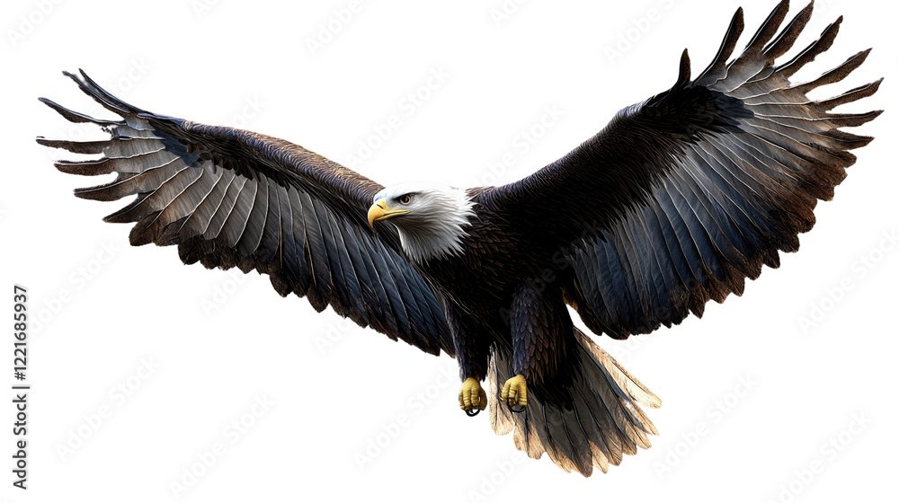 Naklejka premium Bald Eagle in Flight: A powerful bald eagle with its impressive wingspan, sharp talons, and piercing gaze, soars through the air, capturing the essence of freedom and majesty.