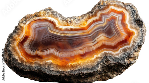 Agate Slice: A captivating polished agate slice reveals intricate bands of warm browns, oranges, and creams, showcasing the mesmerizing beauty of this natural gemstone.