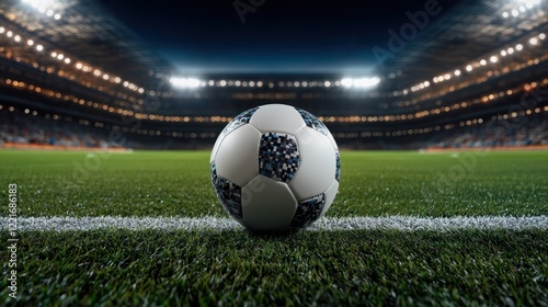 A close-up of a soccer ball on the field, illuminated by stadium lights at night.