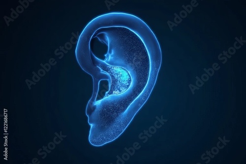 A glowing blue representation of a human ear against a dark background, emphasizing its anatomical features and inner structure.