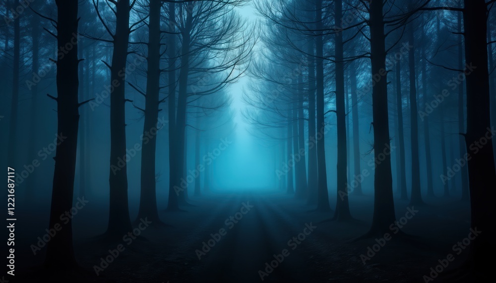 Naklejka premium Mysterious foggy forest at night. Tall trees cast long shadows on dark ground. Eerie blue light creates mysterious atmosphere. Silent, tranquil scene. Night landscape. Haunting ambiance. Forest path.